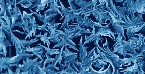 Vector blue frozen ice window texture. Realistic ice pattern. Frozy water background. Cold winter horizontal banner. Snow macro view. Glass december decor