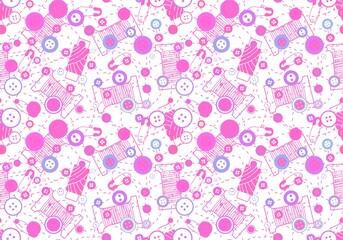 Cartoon sewing seamless buttons and scissors and pins pattern for wrapping paper and fabrics and linens and hobbies