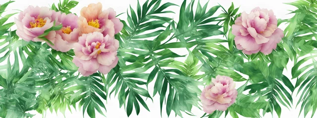 Tuinposter illustration banner tropical watercolor herbal branch with leaves, peonies, close up, earth tones wallpaper © Sebastian