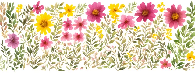 Tuinposter Banner watercolor arrangements with garden flowers. bouquets with pink, yellow wild flowers, leaves, pattern branches illustration digital for wallpapers, textile or wrapping paper in vintage style © Sebastian