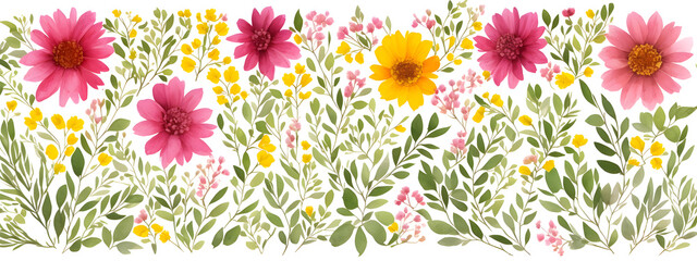 Obraz premium Banner watercolor arrangements with garden flowers. bouquets with pink, yellow wild flowers, leaves, pattern branches illustration digital for wallpapers, textile or wrapping paper in vintage style