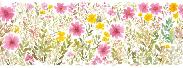 Banner watercolor arrangements with garden flowers. bouquets with pink, yellow wild flowers, leaves, pattern branches illustration digital for wallpapers, textile or wrapping paper in vintage style