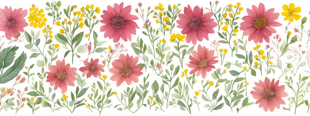 Banner watercolor arrangements with garden flowers. bouquets with pink, yellow wild flowers, leaves, pattern branches illustration digital for wallpapers, textile or wrapping paper in vintage style