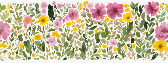 Banner watercolor arrangements with garden flowers. bouquets with pink, yellow wild flowers, leaves, pattern branches illustration digital for wallpapers, textile or wrapping paper in vintage style