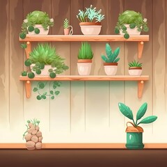 wall with plants on shelf wooden.