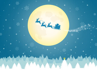 Obraz na płótnie Canvas 月に浮かぶサンタシルエットとクリスマスの夜の風景_ベクターイラスト
