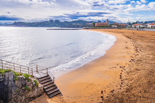 View of Luanco beach, summer resort, in Asturias, Spain.