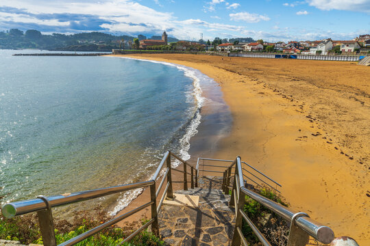 View of Luanco beach, summer resort, in Asturias, Spain.