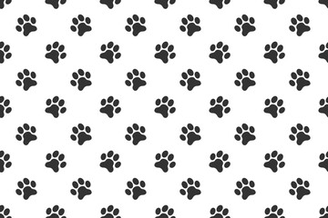 Naklejka na ściany i meble Pet paw print seamless pattern. Dog or cat footprint background. Scrapbooking or wrapping paper, fabric, begclothes design. Vector flat illustration.