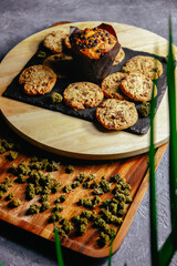 Marijuana cookie, dope cupcake, cbd thc cookie. Marijuana buds. indica and sativa.