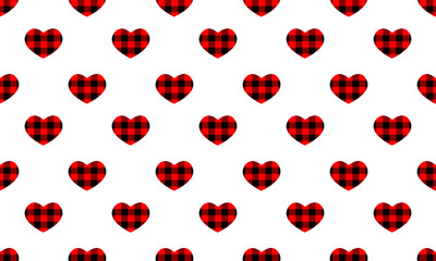 Flannel hearts with buffalo print seamless pattern. Repeating love symbols with gingham checkered design background. Vector flat illustration.
