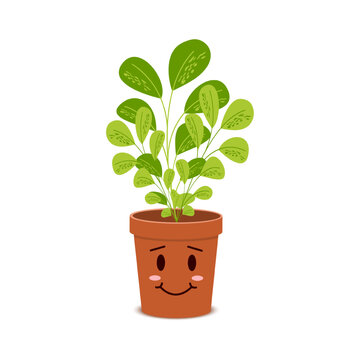 Cute plant character in pot. Happy blossom home flower isolated on white background. Vector cartoon illustration in childish style.