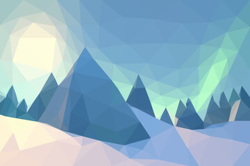 Polygonal geometric abstract digital mountain, vector colorful, flat landscape, travel background, mountains art, blue sky, creative backdrop