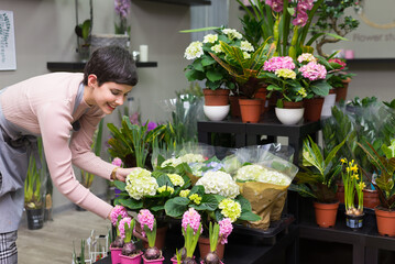 Young woman professional florist working with flowers in her flower shop in summer	