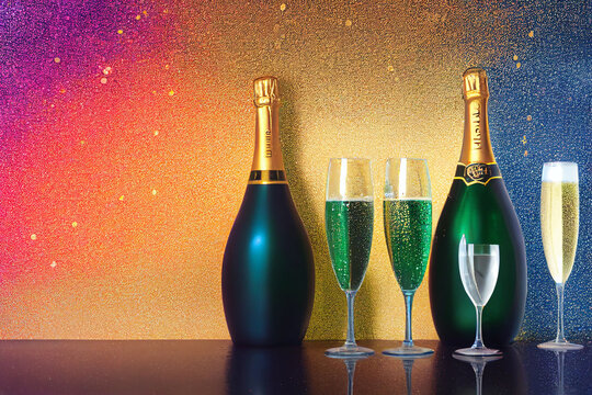Festive New Years Eve background illustration champagne bottle and glasses, digital matte painting