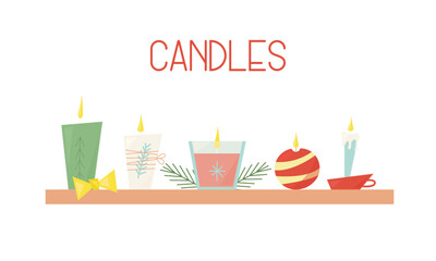 Christmas candles set in flat style standing on a shelf with pine branches and a bow