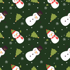 Christmas seamless pattern with funny snowmen and Christmas trees on a dark green background.