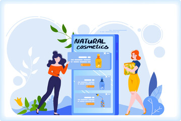 Beauty shop online vector illustration, woman character buy natural cosmetic at online store. Eco natural product shop banner