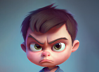 generic frown face of upset toddler boy cartoon portrait, digital painting in 3D cartoon movies style