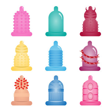 icon condom set. Contraception and safe love concept. types of condoms on white background. Vector, illustrator