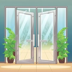 Glass door entrance realistic composition with closed and open door leaves with metal handles