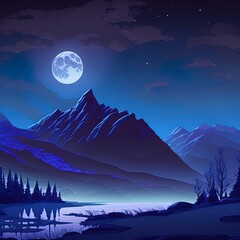 Night landscape with mountains and full moon.