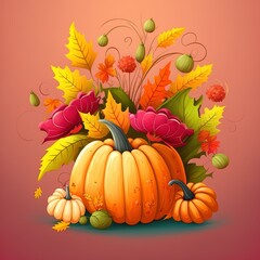 Obraz na płótnie Canvas Draw sweet pumpkin arrangement with red leaves for autumn