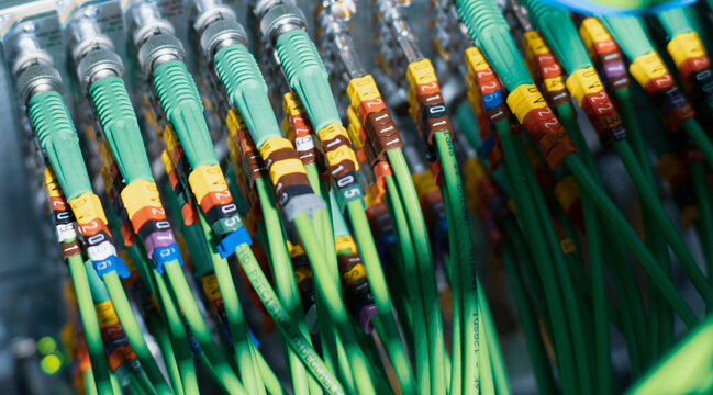 A large number of SDI wires and connectors. Bnc patch panel cabling. High quality photo