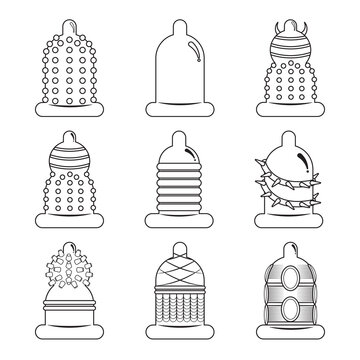 Outline icon condom set. Contraception and safe love concept. Different forms of condoms isolated on white background. Valentine day, World AIDS Day. thin line. Vector, illustrator