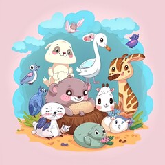Isolated scene with different cute animals
