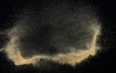 Sand flying explosion, Golden sand wave explode. Abstract sands cloud fly. Yellow colored sand...