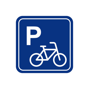 Bicycle parking sign vector illustration. White letter and icon on a blue square background.
