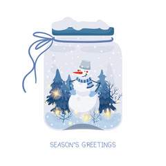 Christmas greeting card with glass jar and cute snowman in winter forest