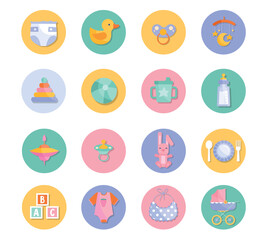Baby goods icons set. Stickers with diapers, pacifier, bib, dishes and toys for newborn baby. Round design elements for social media. Cartoon flat vector collection isolated on white background