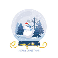 Christmas greeting card with snowball and cute snowman in winter forest