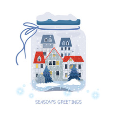 Christmas greeting card with glass jar, old houses and garland