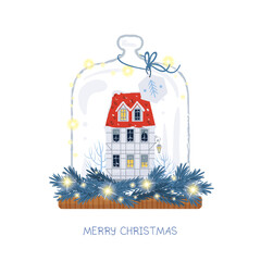 Christmas greeting card with glass bell jar, old house and garland