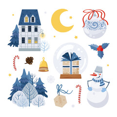 Christmas decorations set. Old house, moon, snowball, gift box, snowman, holly branch, glass ball, winter forest