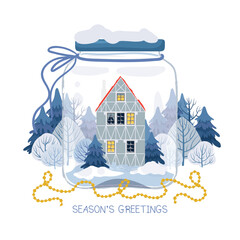 Christmas greeting card with glass jar, old house in winter forest and garland