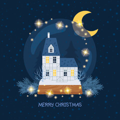 Christmas greeting card with snowball, old house, moon and garland