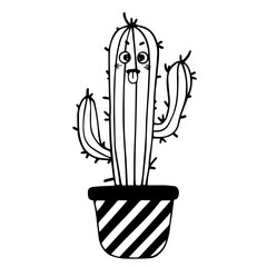 Doodle sketch of funny cactus character,kawaii succulent plant in a flower pot.Vector graphic.