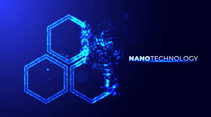 Hexagonal nanotechnology abstract background. Glowing neon particle honeycomb shapes. Abstract molecule model. Scientific research in molecular chemistry. The Graphene molecular atomic hexagonal