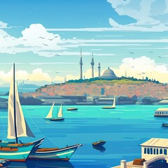 Obraz premium Beautiful view of a blue sky with white clouds sea with boats and the city of istanbul on the horizon line