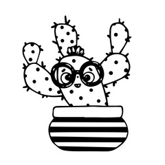 Doodle sketch of funny cactus character,kawaii succulent plant in a flower pot.Vector graphic.