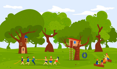 Kids camp forest nature, summer outdoor vector illustration, flat girl boy character play tug-of-war together, children stand near treehouse.