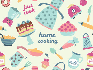 Bakery seamless pattern. Repeating design element for printing on fabric. Sweets, dessert and delicacy, tasty but unhealthy food. Cakes, cupcakes and tableware. Cartoon flat vector illustration