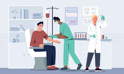 Blood donation concept. Man came to doctors, charity. Medical poster or banner for website. Analyzes and tests, regular health checks. Volunteer and activist. Cartoon flat vector illustration