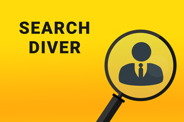 Diver career. Build a career concept. Diver working. Diver career text on yellow background. Loupe symbolizes job search. Wallpapers on theme jobs.