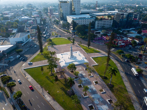 The plaza of El Salvador del Mundo monument in the heart of the city of San Salvador. Aerial view.