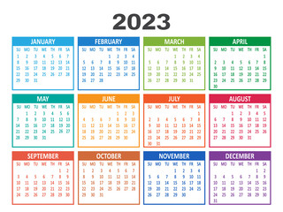 2023 year calendar. Week starts on Sunday template. Vector illustration